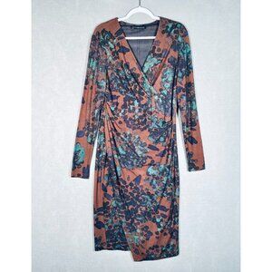 Peruvian Connection Dress Womens L Brown Pima Cotton Blend Faux Wrap Midi